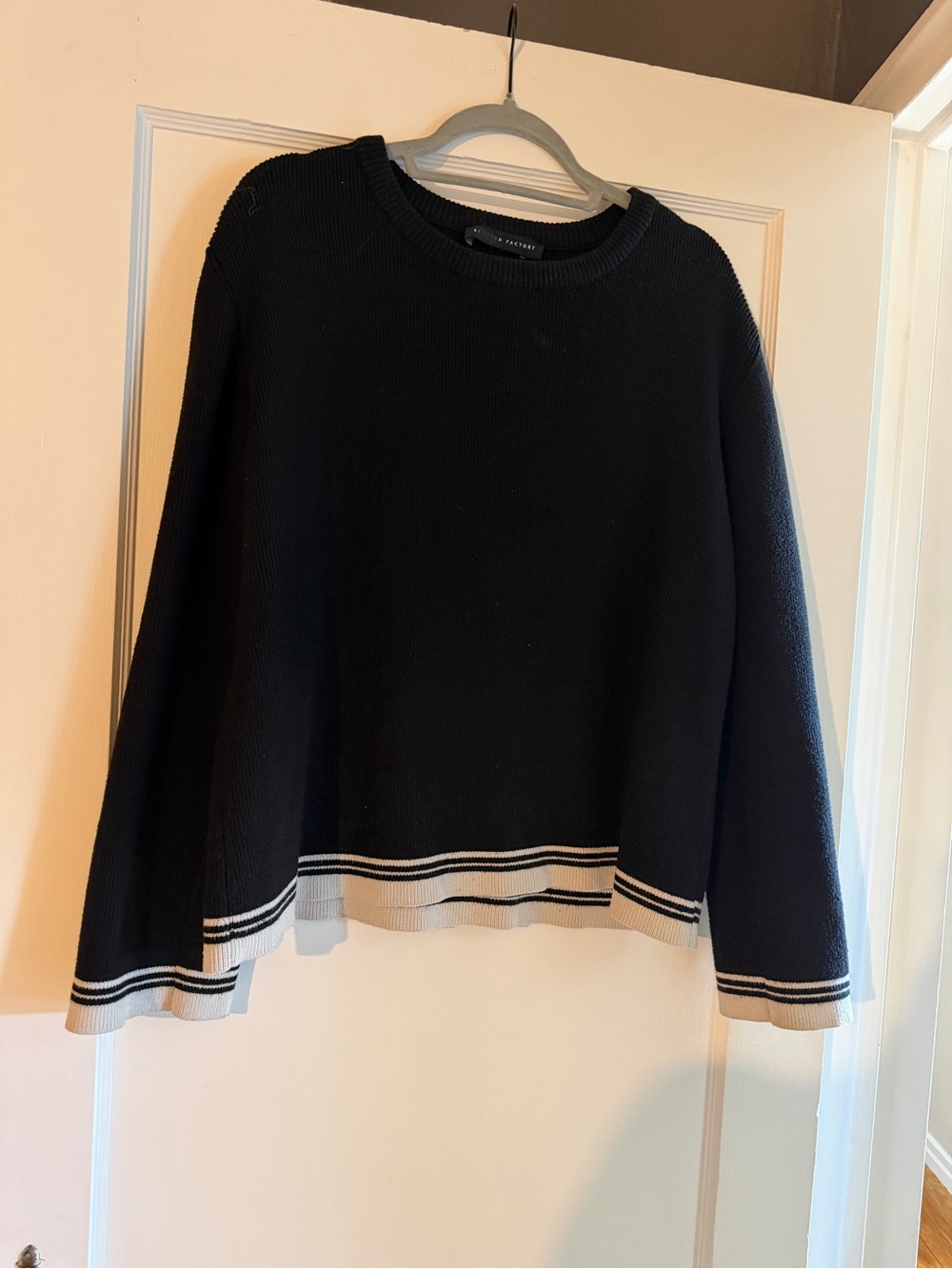 English Factory Black Crewneck Sweater with Cream Stripe Hem